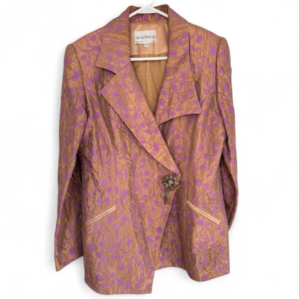 Lily & Taylor brown/purple pink gold embroidered floral blazer w/ crystal brooch